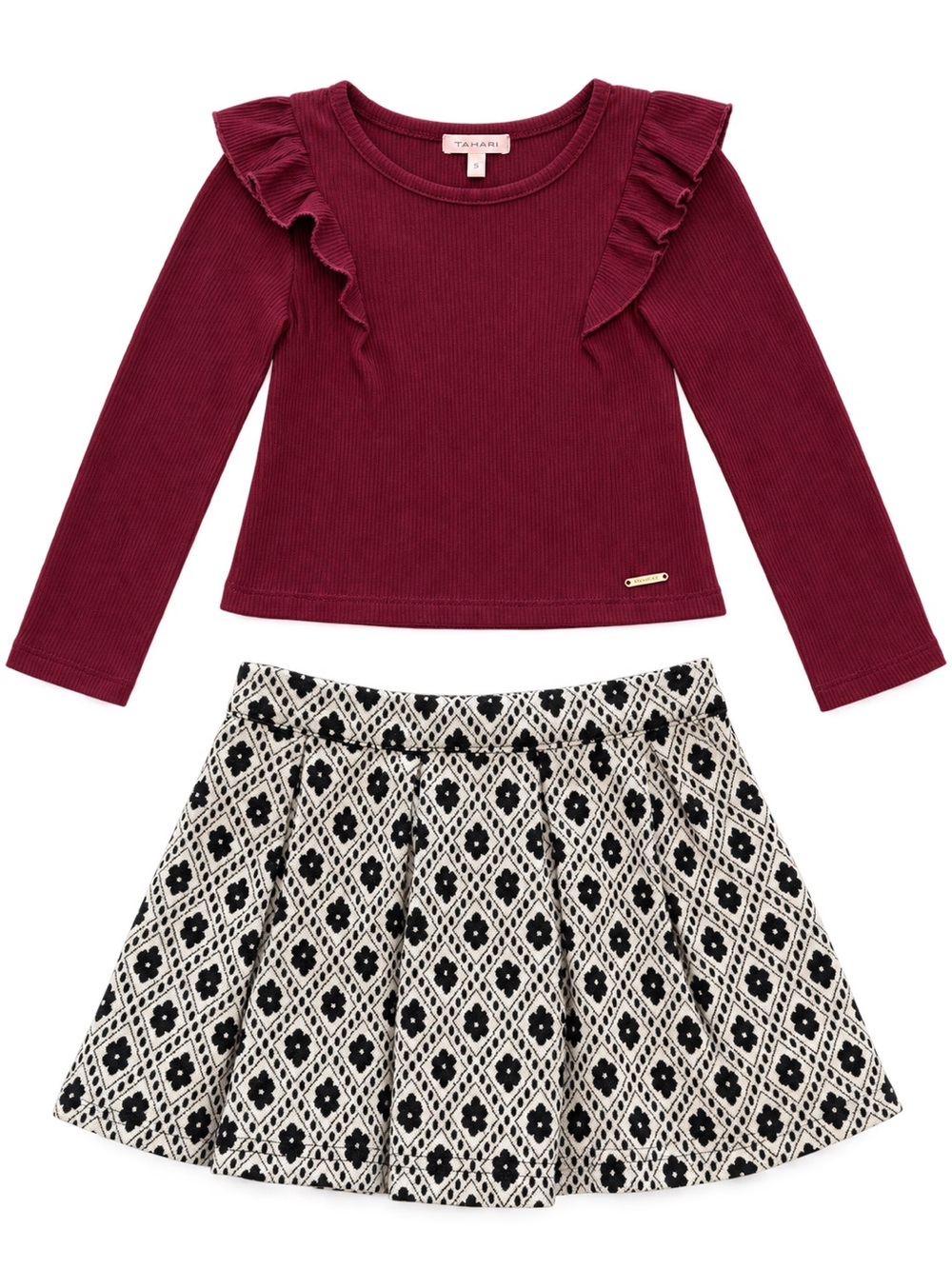Tahari Burgundy Ruffled Long-Sleeve Top with Black & Cream Skater Skirt - Picture 3 of 4